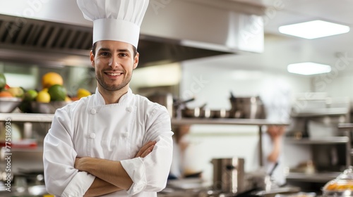 A man standing with his arms crossed in a restaurant kitchen environment