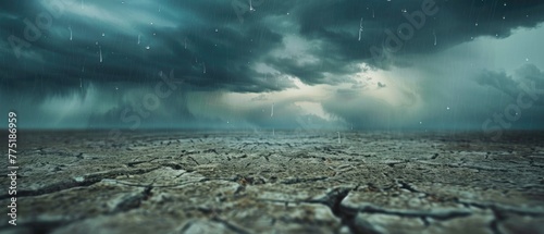 Atmospheric scene of the initial clash between raindrops and the dry, waiting earth photo