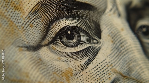 Macro shot of an eye on a dollar bill