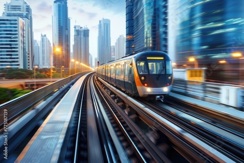 Modern train moving through futuristic city with skyscrapers in the background © Victoria