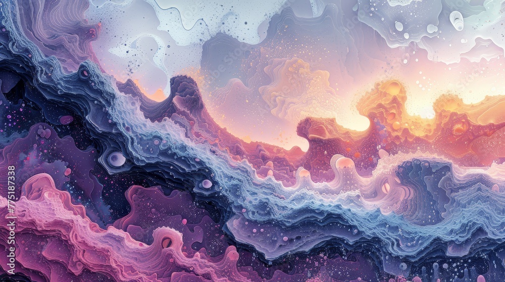 A colorful, abstract painting of a sky with purple and blue swirls. The painting has a dreamy, ethereal quality to it, with the colors blending together in a way that creates a sense of movement - obrazy, fototapety, plakaty 
