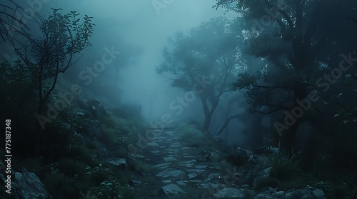 A sense of foreboding as fog rolls in to cloak the pathway in mist photo