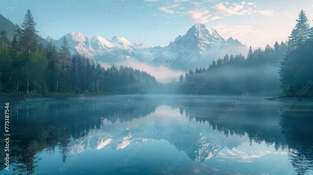 A beautiful mountain lake with a foggy sky in the background. The lake is calm and peaceful, with the mountains in the distance adding to the serene atmosphere A beautiful mountain lake with a foggy sky in the background. The lake is calm and peaceful, with the mountains in the distance adding to the serene atmosphere