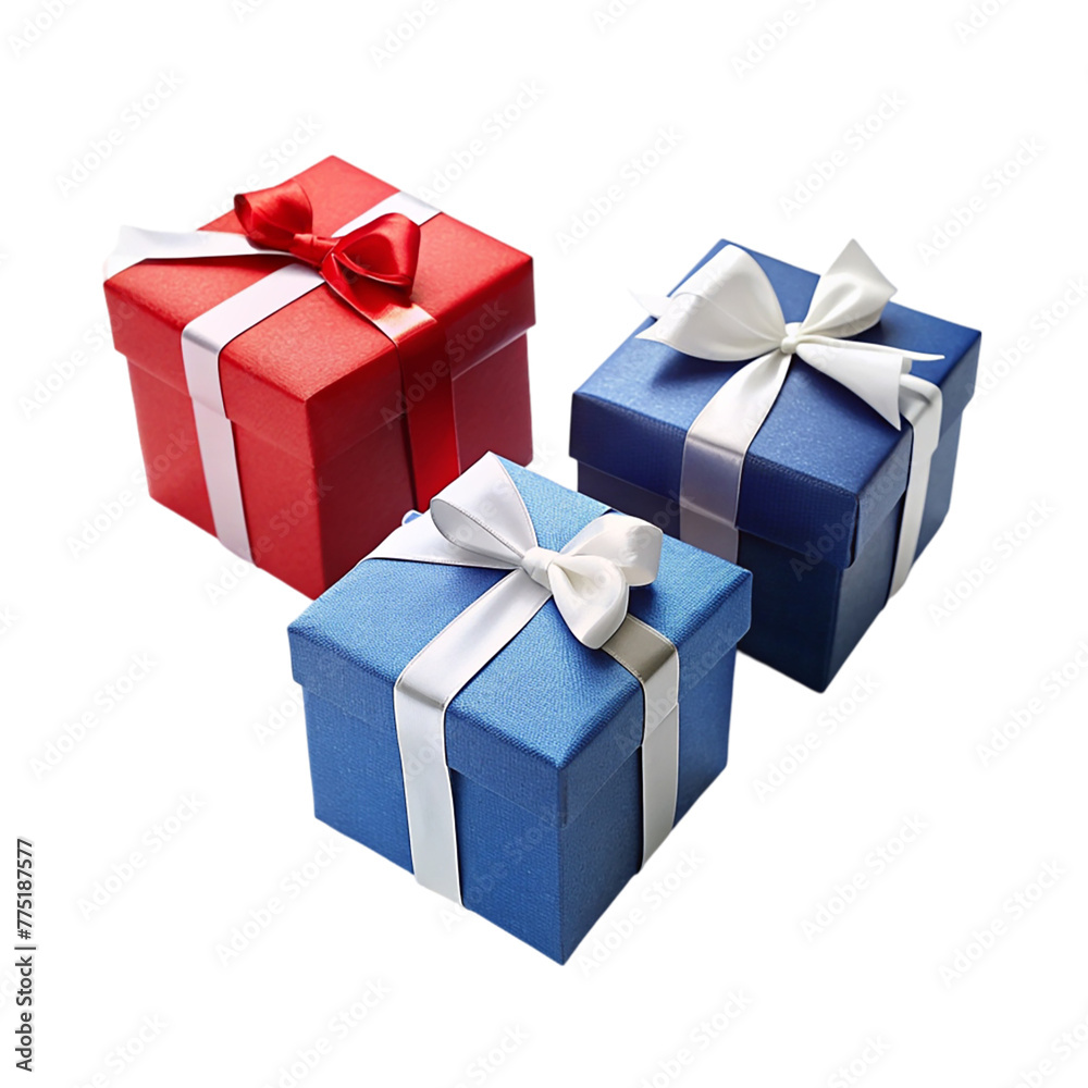 Fototapeta premium 3 Different colors gift boxes blue red and white isolated on transparent background.