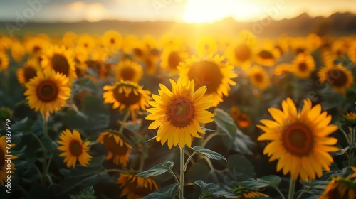 A field of yellow sunflowers with a single yellow flower in the middle. The sun is shining brightly on the field, creating a warm and inviting atmosphere