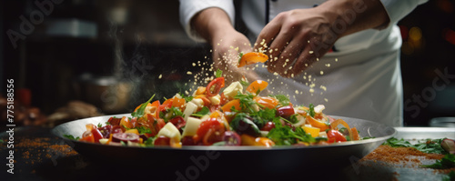 Chef cooking vegetable plate in kitchen. Hands of chef close up preparing health food. © Alena
