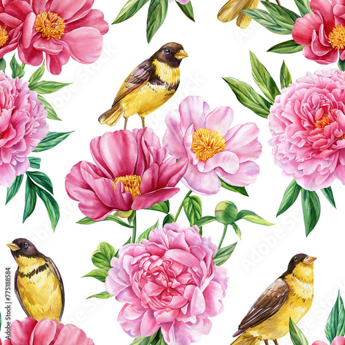 Seamless pattern with floral. Watercolor birds and peonies flowers background. Spring illustration romantic, hand drawn © Hanna