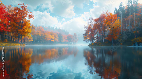 A serene lake reflecting the vibrant colors of surrounding foliage