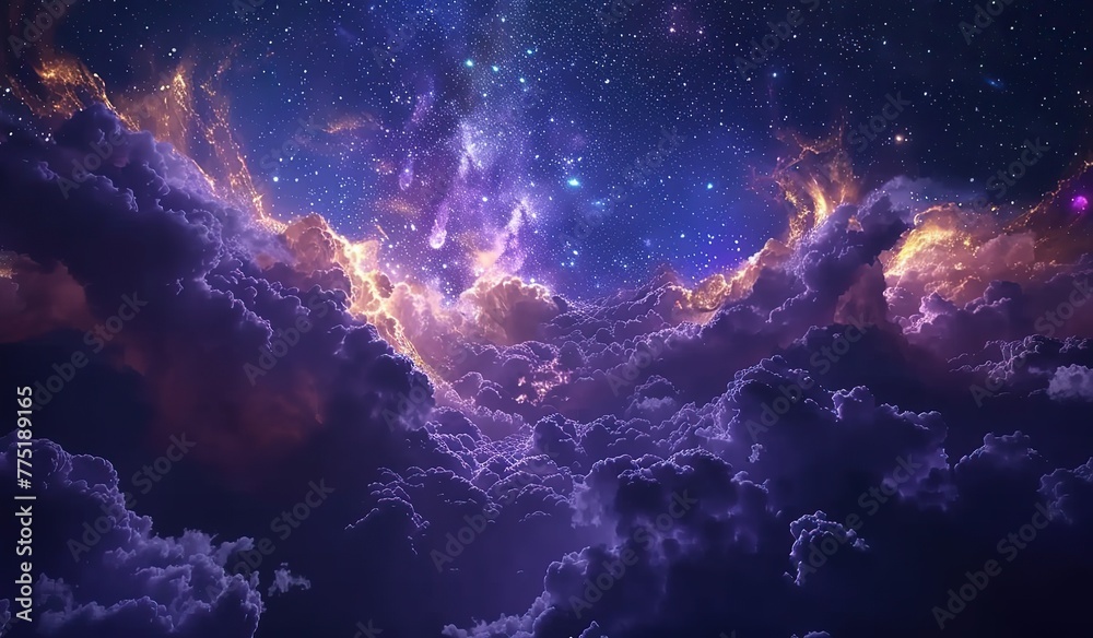 Night cosmic sky with clouds and stars. The concept of celestial harmony and expansion. - obrazy, fototapety, plakaty 