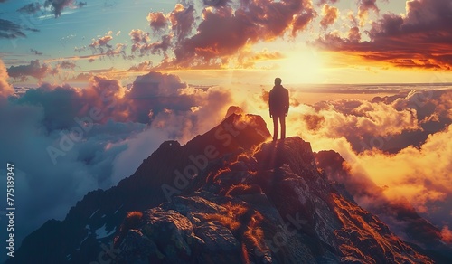 Person standing on a mountain in front of clouds at sunset. The concept of inspiration and contemplation.