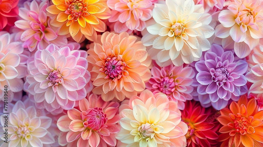 Intricate dahlias in bloom, showcasing a stunning variety of shapes, sizes, and colors These garden showstoppers provide a spectacular display from summer into fall Intricate dahlias in bloom, showcasing a stunning variety of shapes, sizes, and colors These garden showstoppers provide a spectacular display from summer into fall