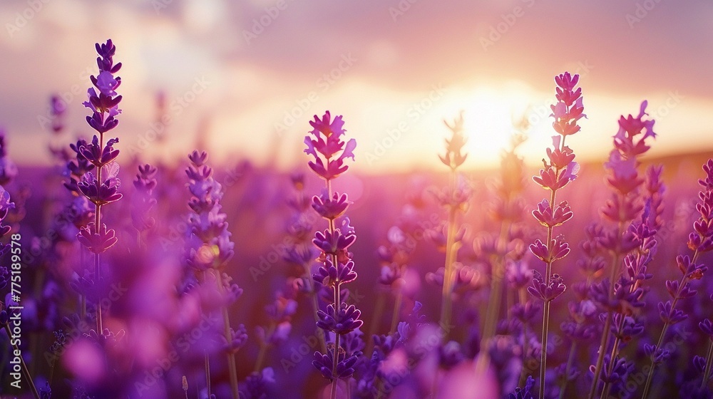 Naklejka premium A serene field of lavender, stretching as far as the eye can see The purple hues and aromatic scent create a calming and picturesque landscape, celebrated for its beauty and therapeutic qualities