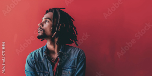 photo of a handsome guy with dreadlocks against a red wall background with copy space on the left, banner photo