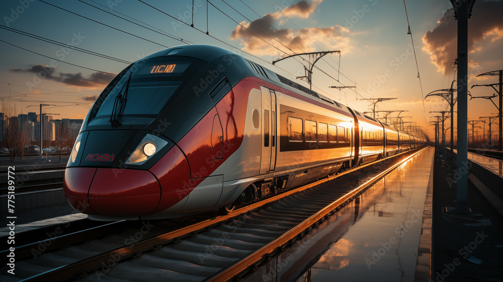 Fototapeta premium dynamic energy of a high speed train hurtling through the landscape. Marvel at the engineering marvel that is a high speed train, a pinnacle of modern transportation technology