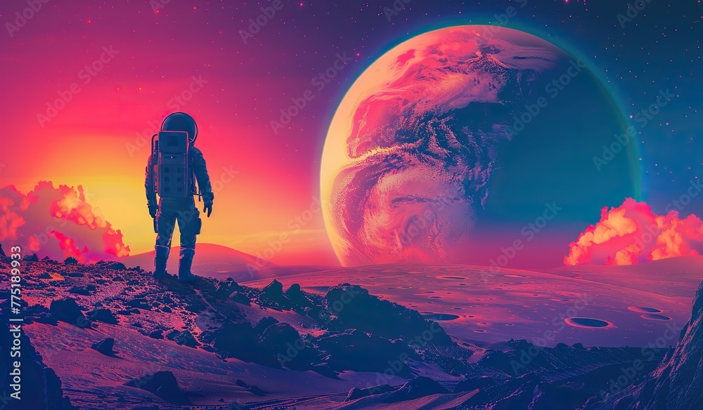Astronaut standing on the surface of a red planet looking towards Earth. The concept of space exploration. Astronaut standing on the surface of a red planet looking towards Earth. The concept of space exploration.