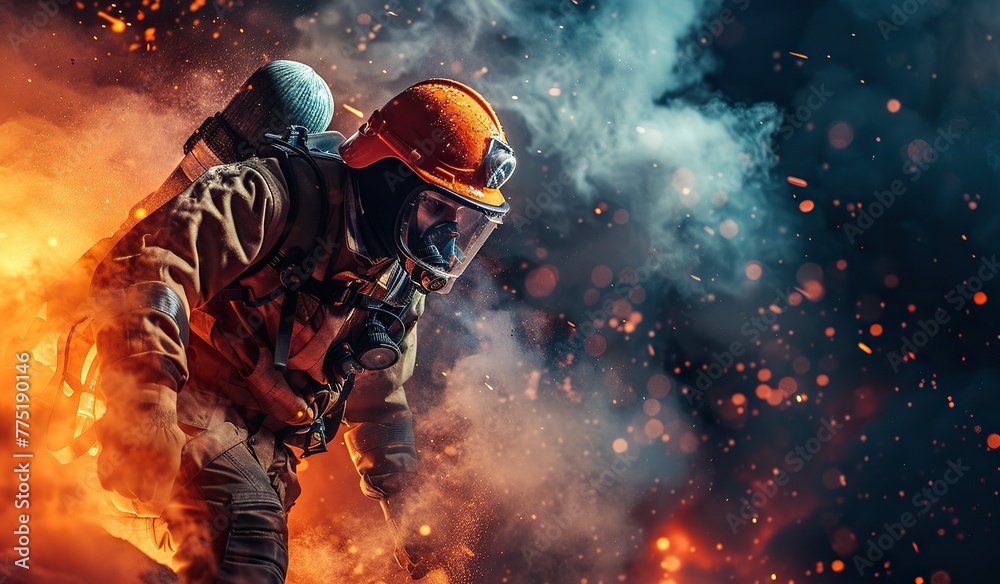 Firefighter in action amid fire and sparks. The concept of heroism and selflessness. Firefighter in action amid fire and sparks. The concept of heroism and selflessness.