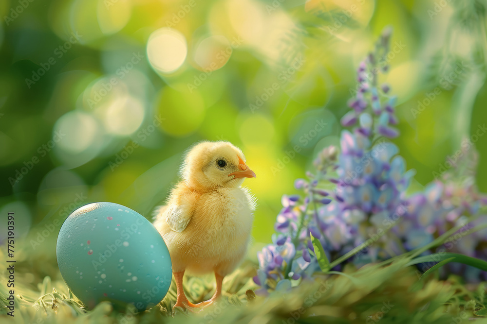 Easter Egg and Adorable Chick Amidst Lush Wisteria