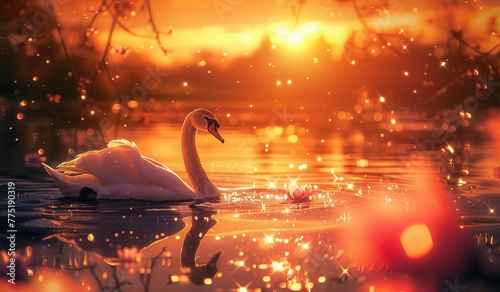 Swan on the sunset light with reflection on the water. The concept of tranquility and harmony.