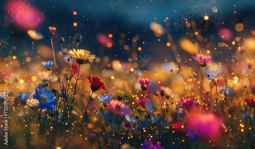 Flower field at sunset with shimmering effects. The concept of tranquility and the beauty of nature.