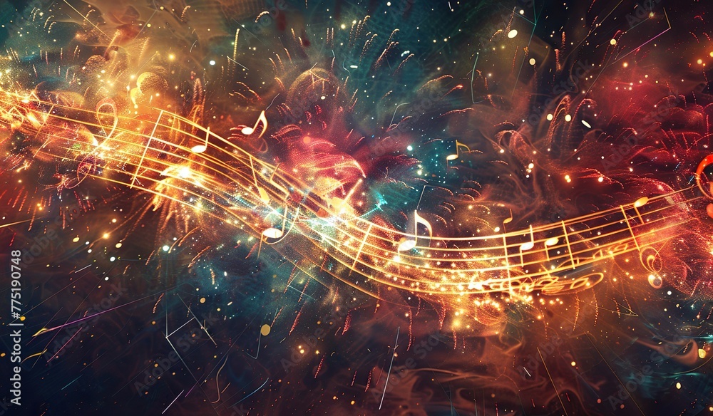 Obraz premium Musical notes in a glowing whirl. The concept of dynamics and harmony in music