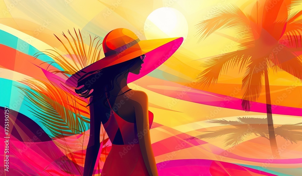Silhouette of a woman against the sunset and palms. The concept of relaxation and summer mood.