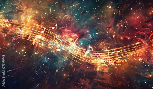 Musical notes in a glowing whirl. The concept of dynamics and harmony in music