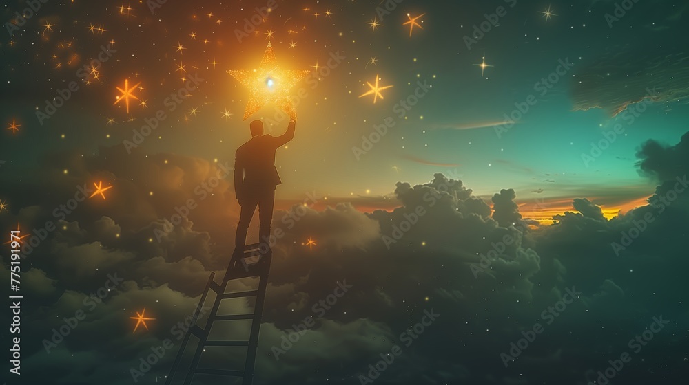 Businessman standing on a ladder reaching for a glowing star, symbolizing ambition and aspiration. Success concept. Businessman standing on a ladder reaching for a glowing star, symbolizing ambition and aspiration. Success concept.