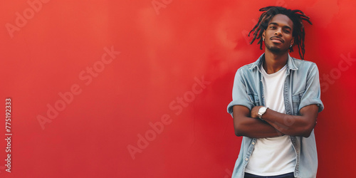photo of a handsome guy with crossed arms and dreadlocks against the background of a red wall with copy space on the left, banner photo