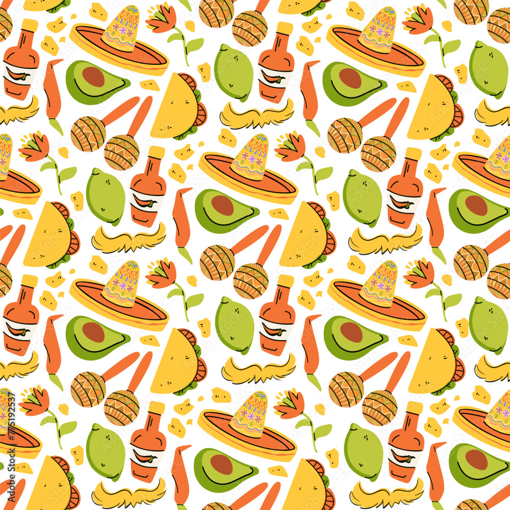 Mexican tradition Food Vector Seamless pattern. Hand drawn doodle Tequila, corn tortilla, taco, burritos, guacamole, nachos corn chips, Vegetables Mexican tradition Food Vector Seamless pattern. Hand drawn doodle Tequila, corn tortilla, taco, burritos, guacamole, nachos corn chips, Vegetables