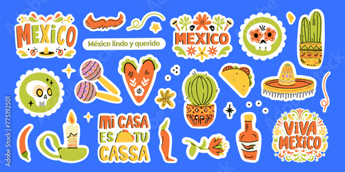 Set Mexican Dia de los Muertos stickers. stickers with traditional Mexican elements to celebrate the Day of the Dead. Isolated elements, perfect for sticker designs, online posts, party events.