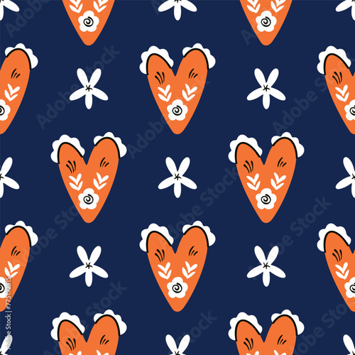 Folk seamless pattern with hearts and flowers. Modern abstract design for paper, covers, fabrics, tempo and other users.