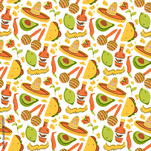 Mexican tradition Food Vector Seamless pattern. Hand drawn doodle Tequila, corn tortilla, taco, burritos, guacamole, nachos corn chips, Vegetables