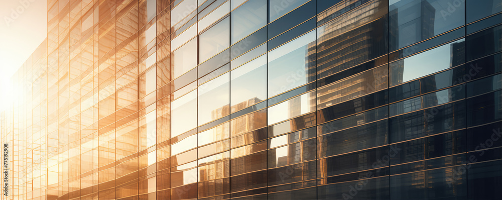 View of glass windows on skyscraper reflecting sunset light. View of glass windows on skyscraper reflecting sunset light.