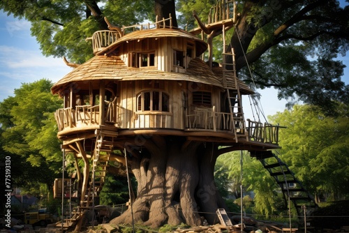 Tree house, Construction of a tree house, Illustration of futuristic tree house surrounded by greenery, Spectacular image of a sustainable tree house surrounded , Ai generated