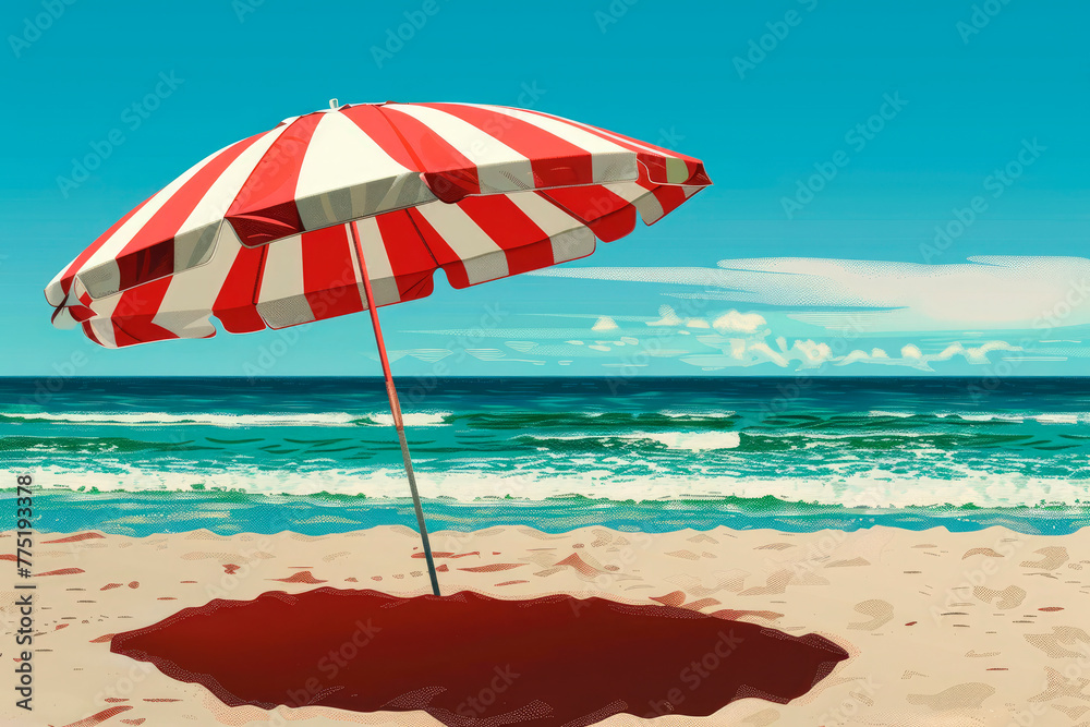 red and white striped umbrella on the beach. Beach vacation concept