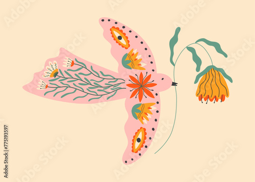 Folk spring bird holding Protea. Rustic vector illustration for poster, card, t shirt.