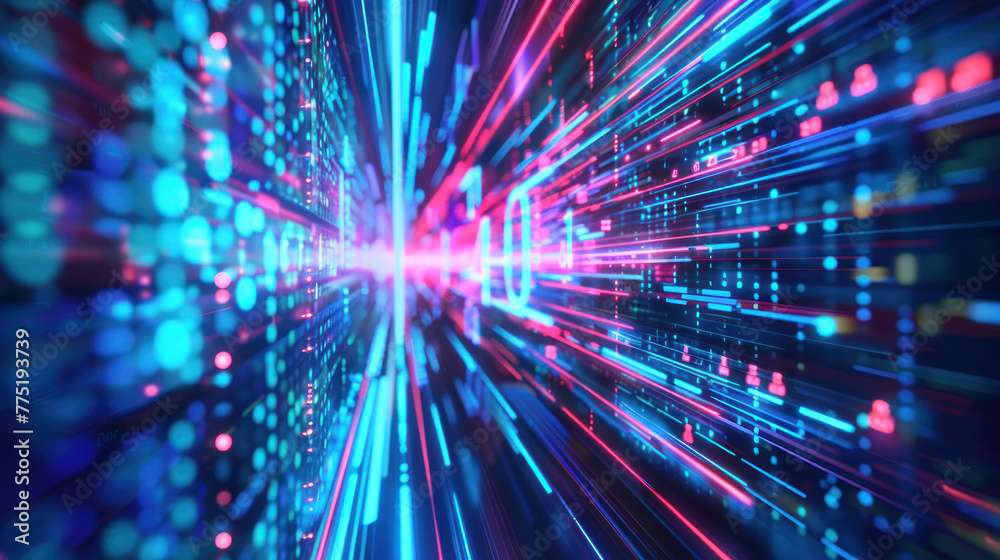 Image depicting brightly colored neon light trails converging towards a bright focal point, suggesting speed Image depicting brightly colored neon light trails converging towards a bright focal point, suggesting speed