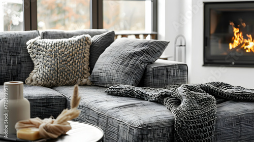 Modern living room and home interior design in a Scandinavian style. Grey sofa next to fireplace with large knit throw.