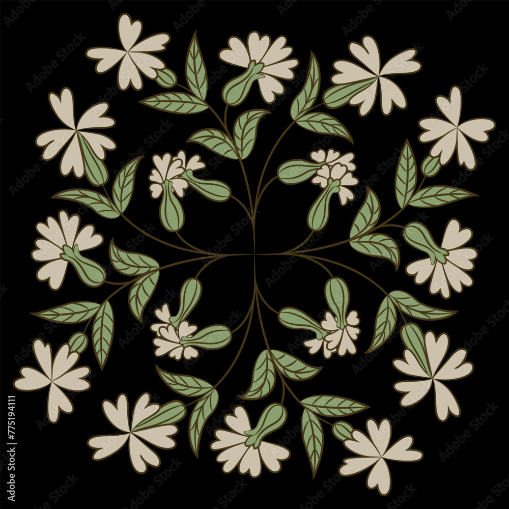 Ornate floral design with blooming branches. Siléne vulgáris. Bouquet of white blossom and green leaves on black background. Folk style.