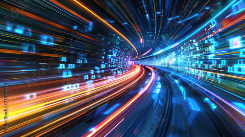 Abstract image capturing the essence of digital speed and connectivity with a blend of vibrant light trails in a data tunnel