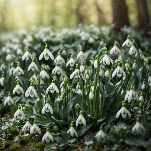 Natural Spring Snowdrop Flowers With Dreamy Green Foliage Background (ID: 775194157)