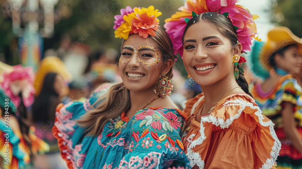 Two Latin Women In Traditional Mexican Dress For Cinco De Mayo Parade