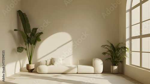 Modern living room interior design with a minimalist theme. A beige wall with copy space is next to an arched window with a white sofa and potted houseplants.