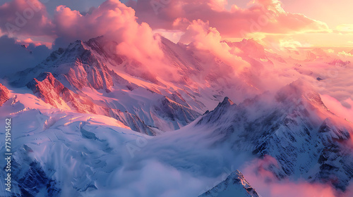A snow-covered mountain range at sunrise #775194562