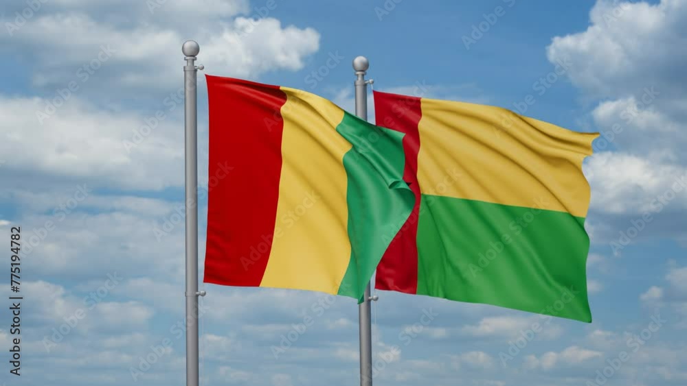 Guinea-Bissau and Republic of Guinea two flags waving together, looped video, two country relations concept