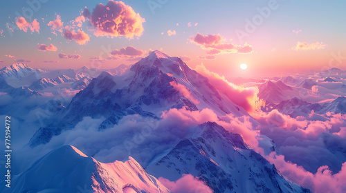 A snow-covered mountain range at sunrise