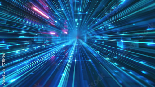 An electrifying voyage inside a blue tunnel illuminated by neon pink and blue lights, representing data flow