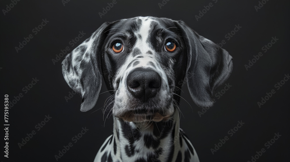 Close-up portrait of a Dalmatian dog against a dark background