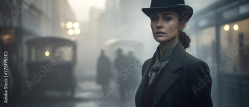 Victorian murder mystery. A tough beautiful woman detective in the fog searching for clues in London. In the style of a panoramic movie still.	