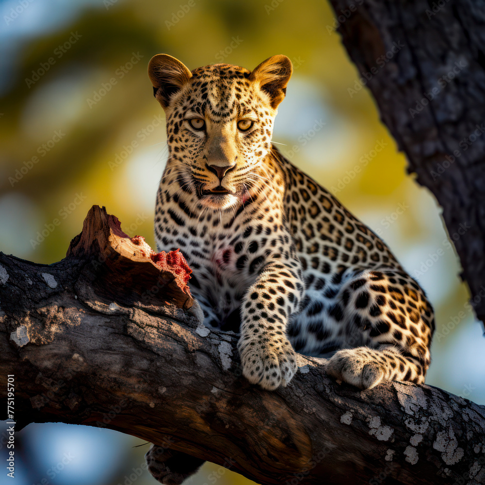 Fototapeta premium lifestyle photo leopard sitting in tree with his kill.